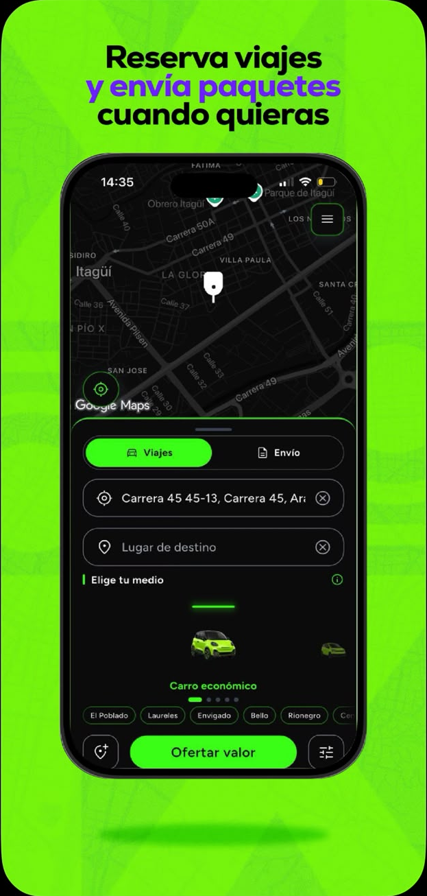 Reserva viajes y envía paquetes — Pantalla principal de Xisti